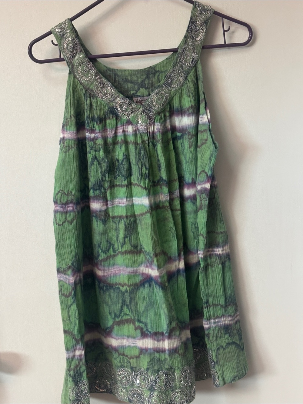 Advance Apparels Green Tie-Dye Embroidered Sleeveless Tunic - 100% Cotton